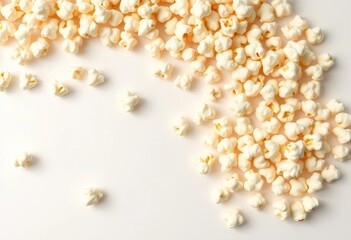 Fluffy, buttery popcorn kernels scattered on a pristine white background,  light,  cinema