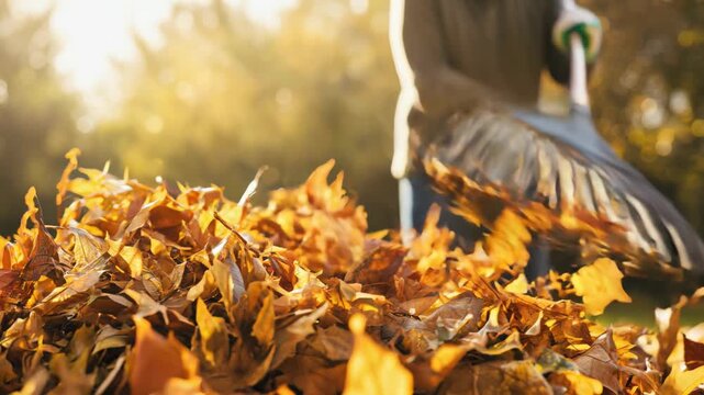 Man raking autumn leaves in backyard with warm sunlight in fall season.