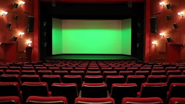 Empty Cinema Auditorium with Red Seats and a Green Screen