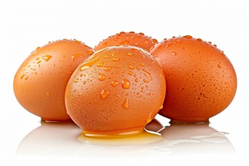 Shiny fresh chicken eggs on a clean white background showcasing their reflective surface