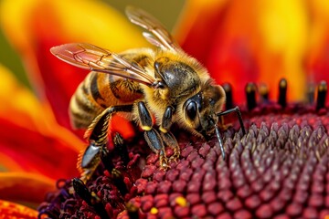 Close up view of a bee gathering nectar from a vibrant, colorful flower in nature s beauty