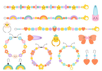 Set of cute girly accessories rings, earrings, necklaces, hairpins, bracelets. Vector illustration