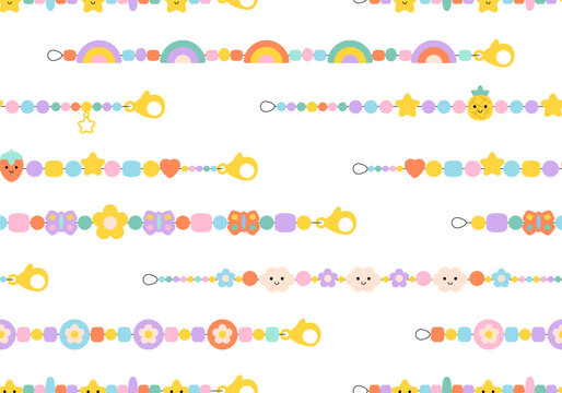Seamless pattern with Kids jewelry. Plastic beads decorating handmade fashioned elements 90s style jewelry. friendship bracelets and letter beads