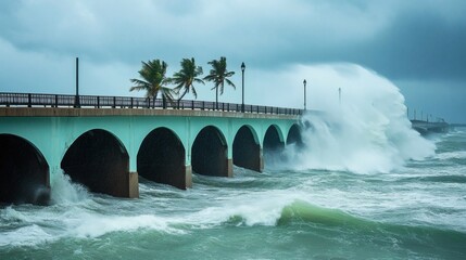 Powerful waves crash against a light teal-colored arch bridge.