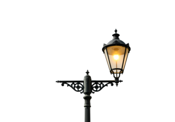 Glowing Street Lamp at Night: Dark Background, Urban Lighting, Victorian Style Lamppost Isolated on Transparent Background