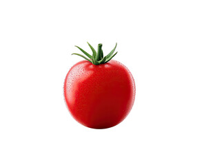 Single, vibrant red tomato, whole, with green stem