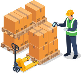Warehouse Logistics: Efficient warehouse worker scans a box on a pallet. Boxes neatly stacked, ready for shipment or storage, while a pallet jack stands by for easy relocation.