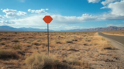 Orange octagonal sign marks a desert highway.