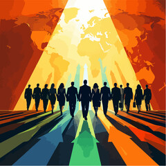 Global Visionaries: A determined team strides forward towards a brilliant future, their path illuminated by a beam of light showcasing a global map, symbolizing vision and ambition.