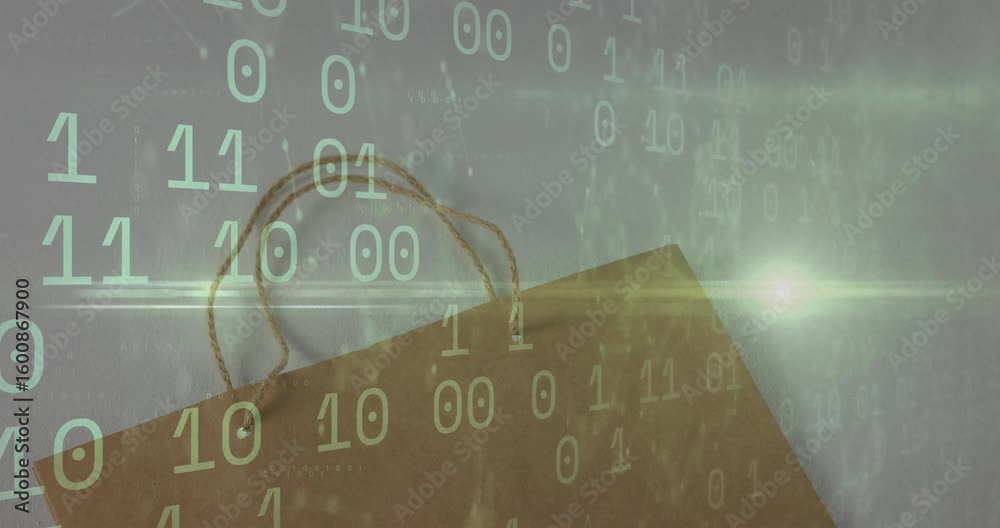 Poster upon glowing binary digits cascading, code overlay drifting across bag showing digital fusion