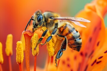 Close up of a bee collecting nectar from a colorful flower in the beauty of nature
