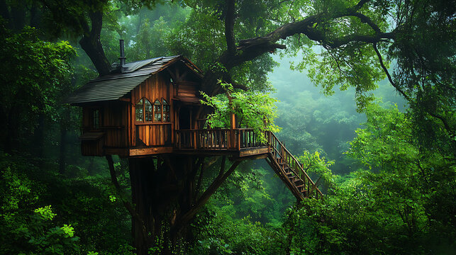  A secluded wooden treehouse tucked high within lush forest branches  - Powered by Adobe
