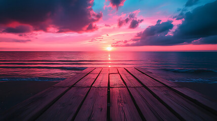  A striking pink sunset reflecting off the wooden planks of a beach boardwalk 