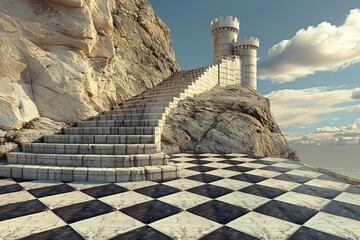 Stunning Aerial View of Majestic Stairway Leading to Towering Peaks Amidst Rocky Terrain and Ocean