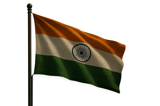 Waving Indian national flag on dark pole with saffron, white, and green stripes and blue Ashoka Chakra, symbolizing patriotism and unity, perfect for Republic Day and Independence Day visuals.

