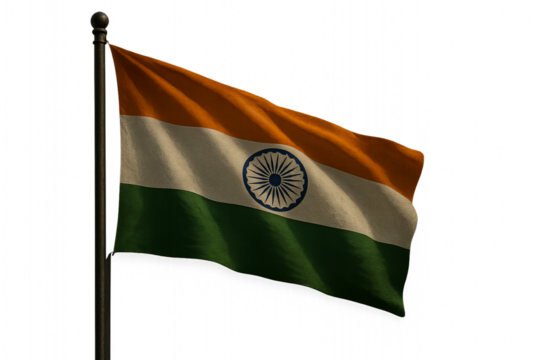 Waving Indian national flag on dark pole with saffron, white, and green stripes and blue Ashoka Chakra, symbolizing patriotism and unity, perfect for Republic Day and Independence Day visuals.

