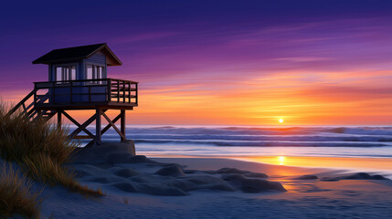 Serene sunset silhouetting a lifeguard stand on the beach