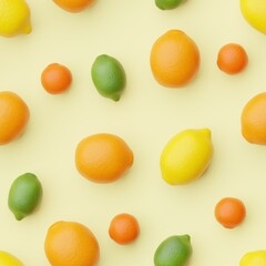 Seamless pattern from citrus fruits on corn yellow background. Top flat view