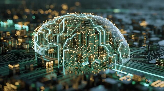 3D graphic rendering of an AI brain with glowing data connections, representing artificial intelligence and advanced digital processing