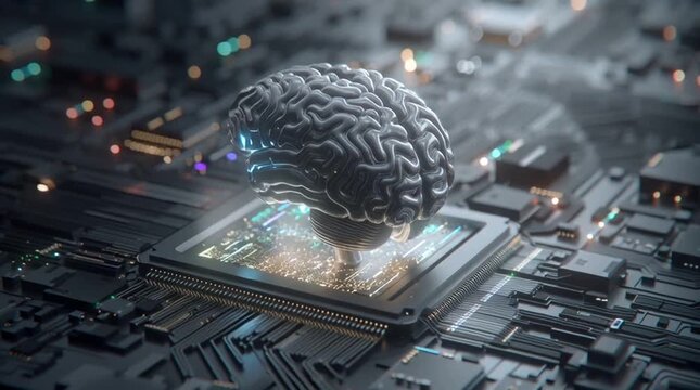3D graphic rendering of an AI brain with glowing data connections, representing artificial intelligence and advanced digital processing