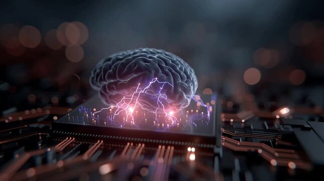 3D graphic rendering of an AI brain with glowing data connections, representing artificial intelligence and advanced digital processing