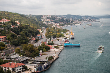 A cityscape view over the Bosporus of the suburbs in the city of Istanbul, Turkey.