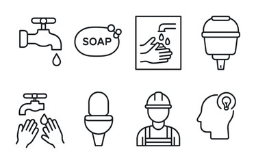 Water and Sanitation Icons. Outline vector icons of water and sanitation support: clean water tap, soap bar,