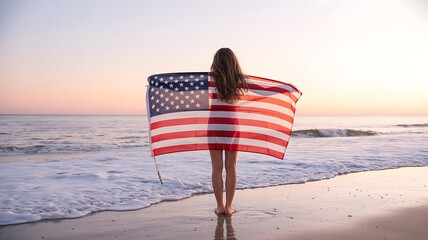 Woman wrapped in american flag on beach at sunset