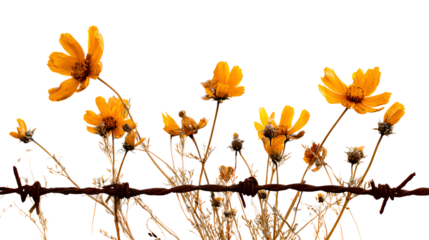 Wildflowers behind rusty barbed wire fence nature beauty resilience