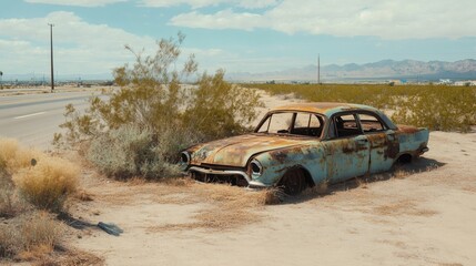 Rusty vintage car abandoned in a desert landscape.