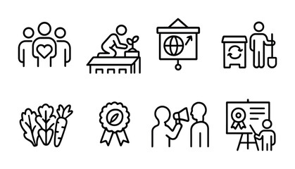 Community Green Icons. Outline vector icons of community green initiatives: volunteer team, rooftop planting,