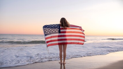 Woman with american flag on beach at sunset