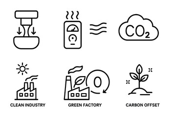 Zero-Emission Icons Set. Outline icon set of zero-emission technologies: carbon capture, emission sensor, air