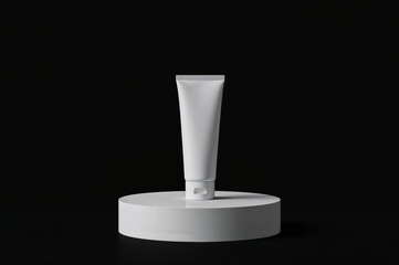 Minimalist White Cream Tube on Pedestal against Black Backdrop, Sleek White Tube of Lotion Mockup on a Round Display Stand