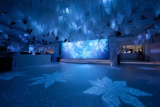 A stunning indoor event space adorned with snowflake projections and icy decorations, creating a winter wonderland atmosphere for a festive celebration.