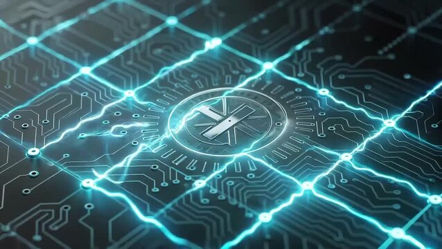 Detailed close-up of nanotechnology circuits glowing with electricity.