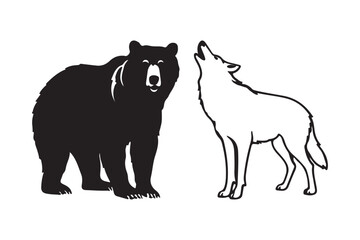 Black bear and howling wolf silhouette duo