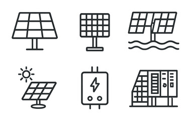 Renewable Energy Icons. Outline icon set of revolutionary developments in renewable energy: advanced solar