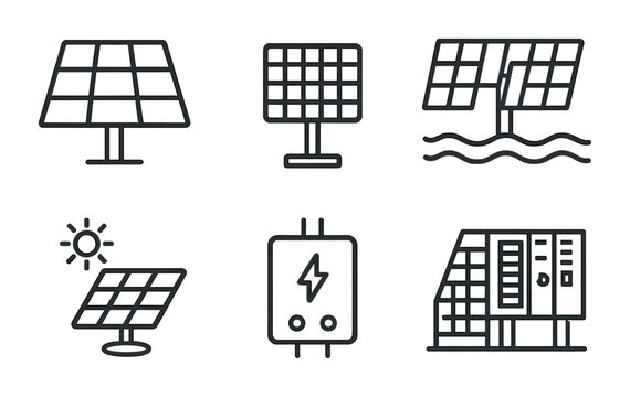 Renewable Energy Icons. Outline icon set of revolutionary developments in renewable energy: advanced solar