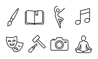 Artistic Expression Icons. Outline icon set of personal growth through artistic expression: paintbrush,