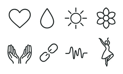 Emotional Art Healing Icons. Outline icon set of emotional healing through art: heart icon, tear drop, sun ray