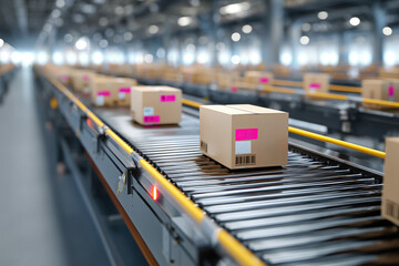 vibrant snapshot of product boxes moving on conveyer belts in a factory warehouse