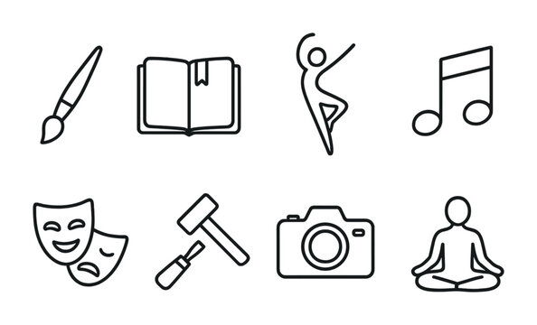 Artistic Expression Icons. Outline icon set of personal growth through artistic expression: paintbrush,