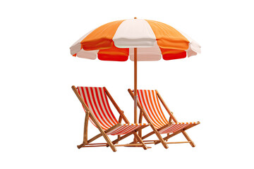 Two striped beach chairs under an orange and white umbrella