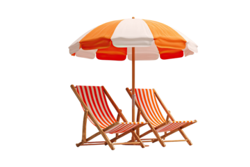 Two striped beach chairs under an orange and white umbrella