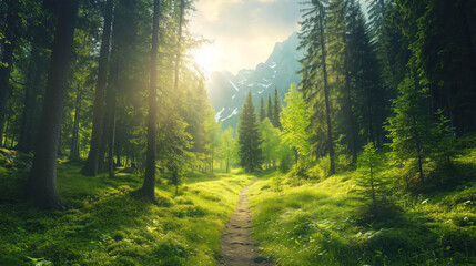 Fototapeta premium A forest trail with towering granite cliffs rising above. Sunlight streaming through pine branches.