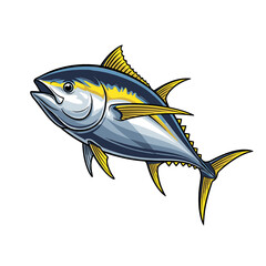 Fototapeta premium A vibrant illustration of a yellowfin tuna, showcasing its sleek body and distinctive yellow fins against a white background.