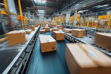 vibrant snapshot of product boxes moving on conveyer belts in a factory warehouse