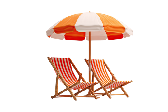 Two striped beach chairs under an orange and white umbrella - Powered by Adobe