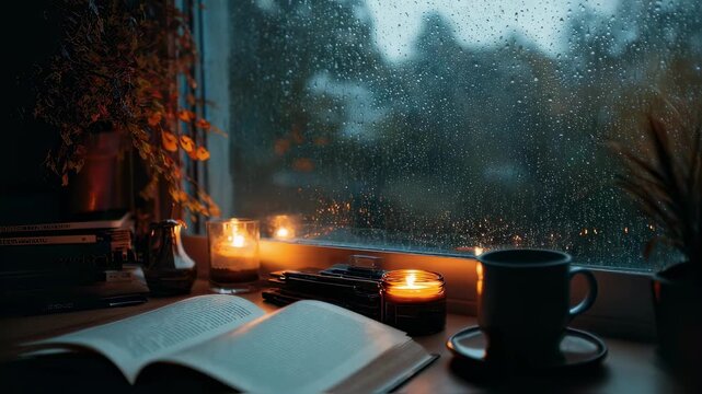 A serene study setup highlighted by a rainywindow view with a soothing flickering candle casting soft shadows. This inviting atmosphere is ideal for capturing focus and creativity enhancing